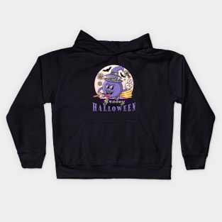 Groovy Halloween. Retro cartoon cauldron with broom flying peacefully Kids Hoodie